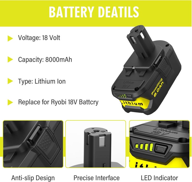 Powilling Upgraded 8.0Ah 2Packs P108 Replacement for Ryobi 18V Battery, 18 Volt Lithium ion Batteries for Ryobi One 18V Cordless Tools P108 P107 P105 P104 P103 P102 - Image 2